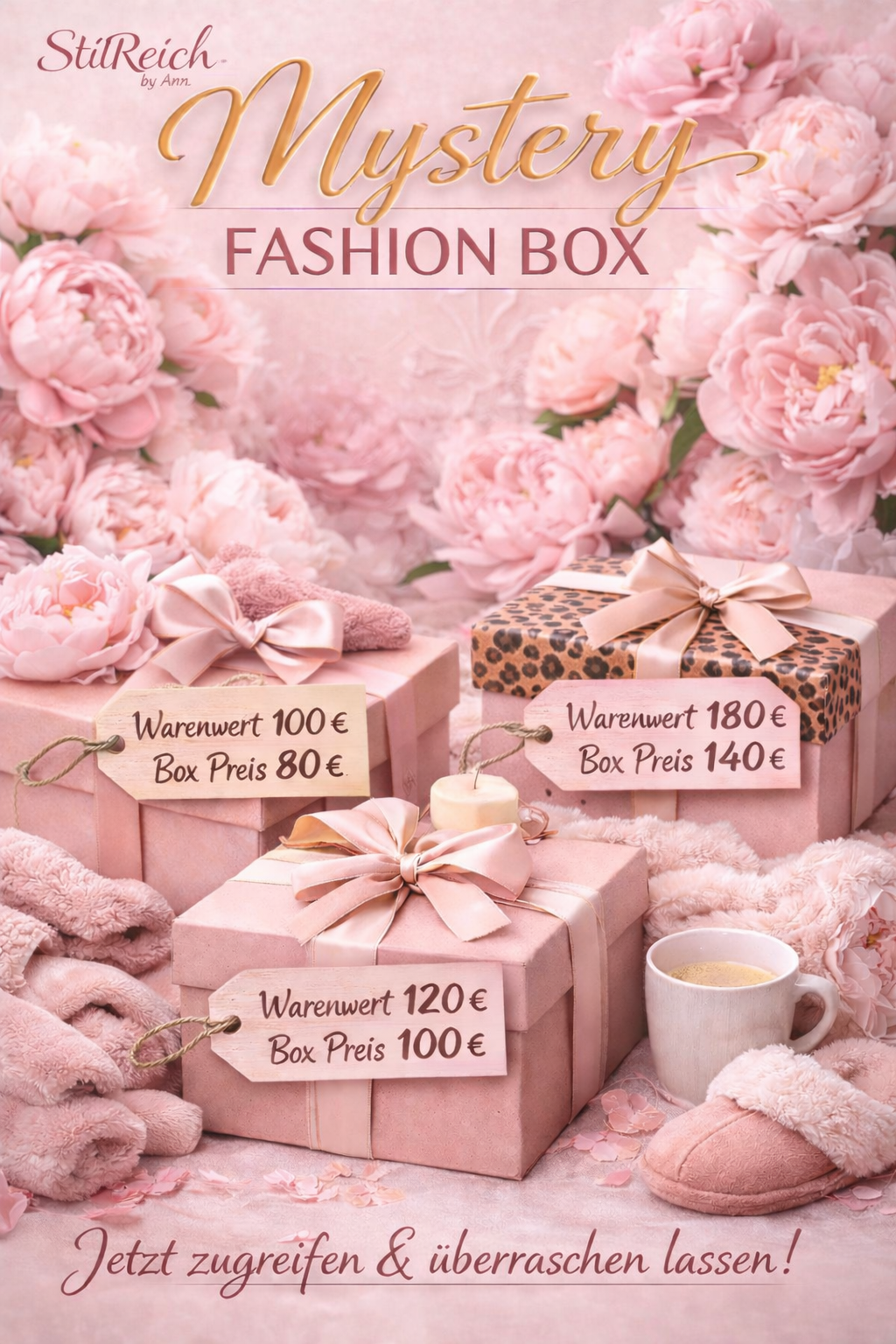100 € 

💗 Mystery Fashion Box von StilReich by Ann 💗

Als kleines Dankeschön an euch habe ich mir etwas ganz Besonderes ausgedacht …
So viel sei verraten: Es wird kuschelig. Es wird stylisch. Es wird StilReich. ✨