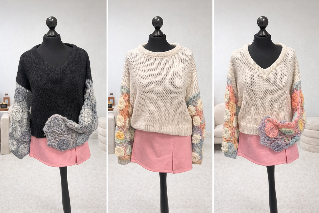 Statement-Strickpullover mit 3D-Blüten

Dieser besondere Strickpullover begeistert mit einem weichen Creme-Ton und auffälligen 3D-Blütenärmeln in zarten Rosé- und Pastellfarben. Der lockere Schnitt sorgt für hohen Tragekomfort, während die aufwendig gearb